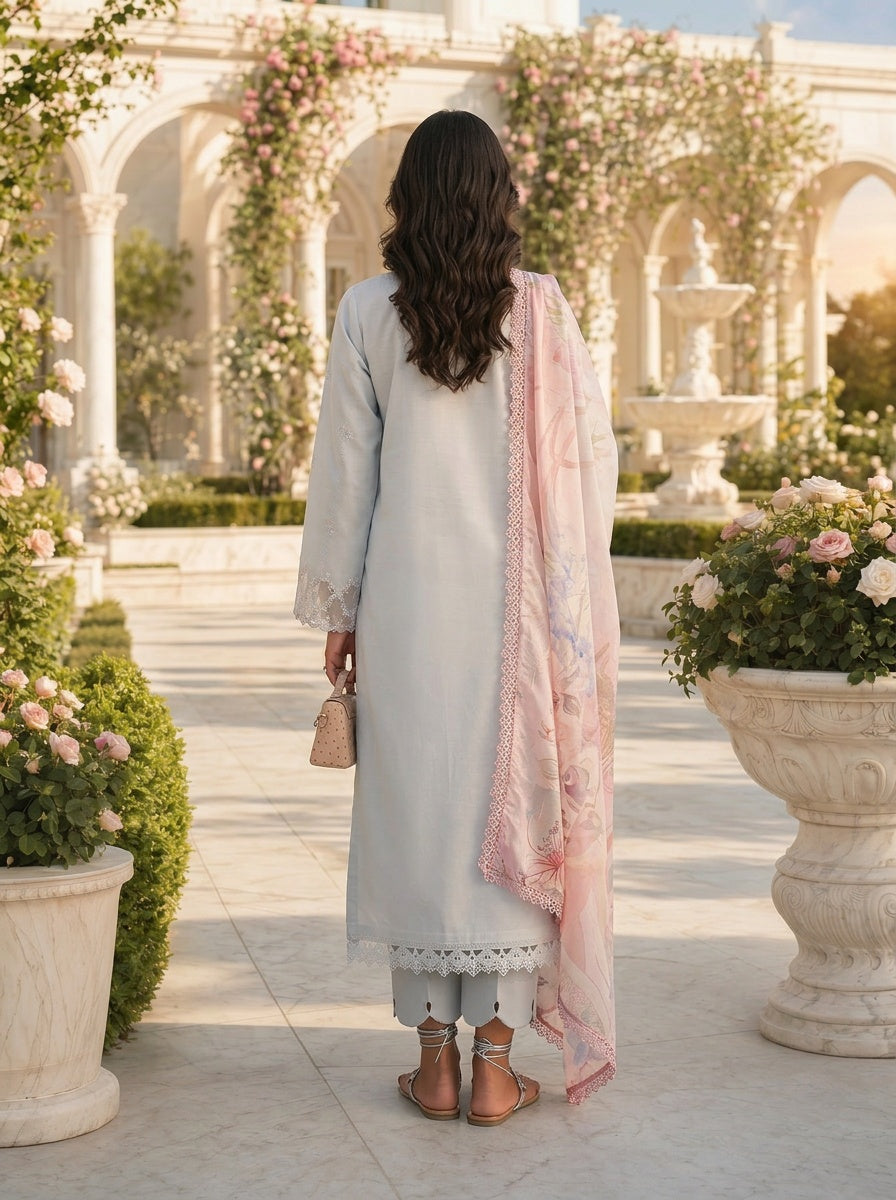 Celeste Powder Blue Embroidered Lawn Suit with Silk Dupatta