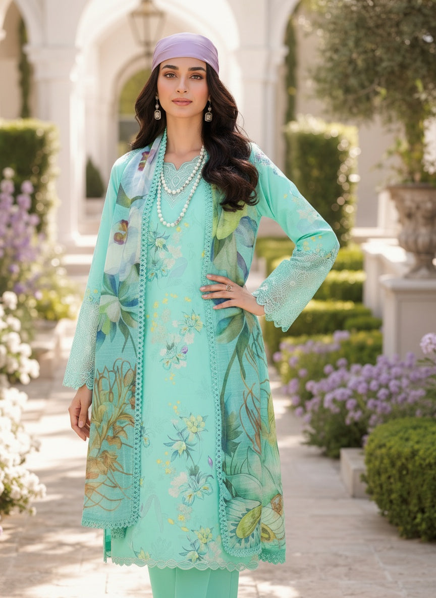 Sage Mint Printed Lawn Suit with Slub Dupatta