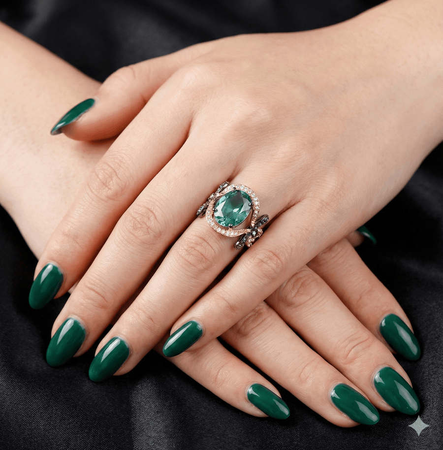 Model displaying rose gold ring with green oval gemstone, halo stone surround, and decorative black oxidized bows on the sides