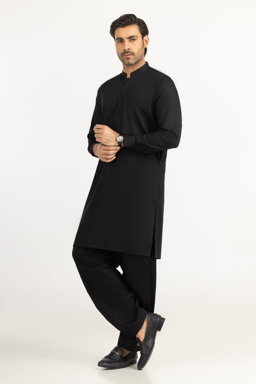 Midnight Navy Cotton Silk Blend 2-Piece Kameez | Mandarin Collar