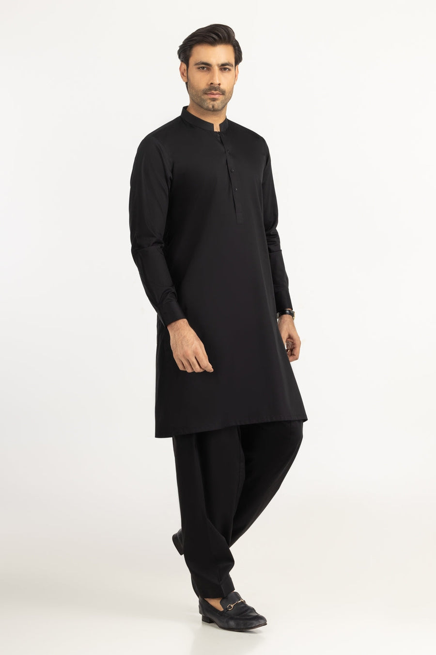 Midnight Navy Cotton Silk Blend 2-Piece Kameez | Mandarin Collar