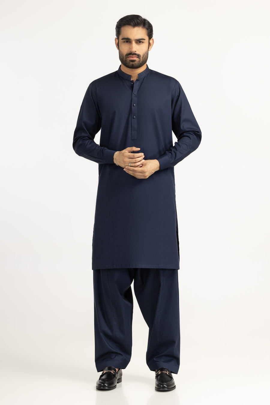 Midnight Navy Cotton 2-Piece Kurta | Embroidered Collar