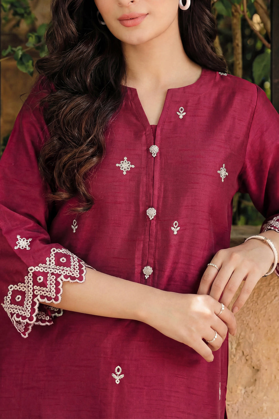 Solid Embroidered Korean Silk Stitched 2 Piece (Shirt/Trouser) - Pehnaawaa
