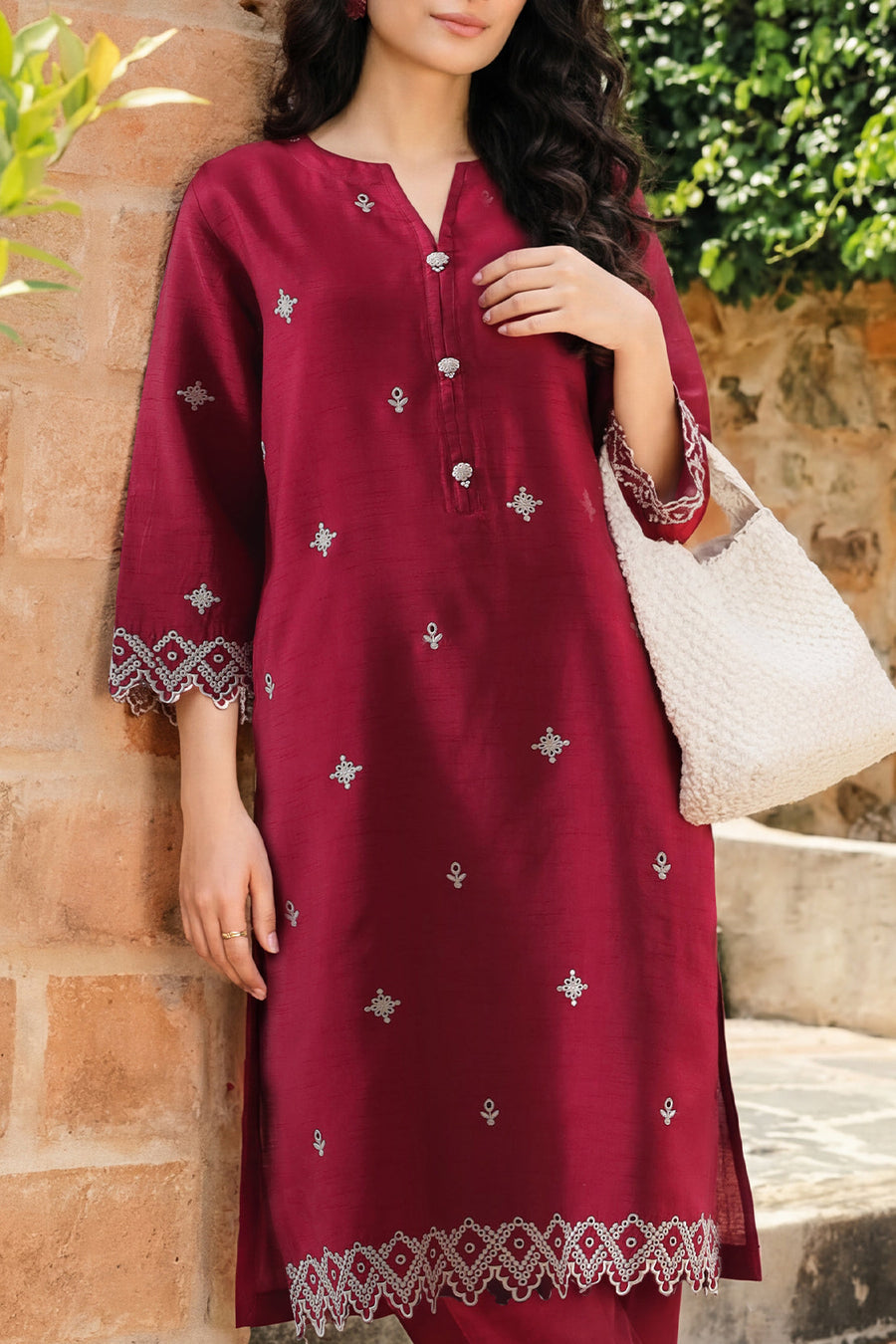Solid Embroidered Korean Silk Stitched 2 Piece (Shirt/Trouser) - Pehnaawaa