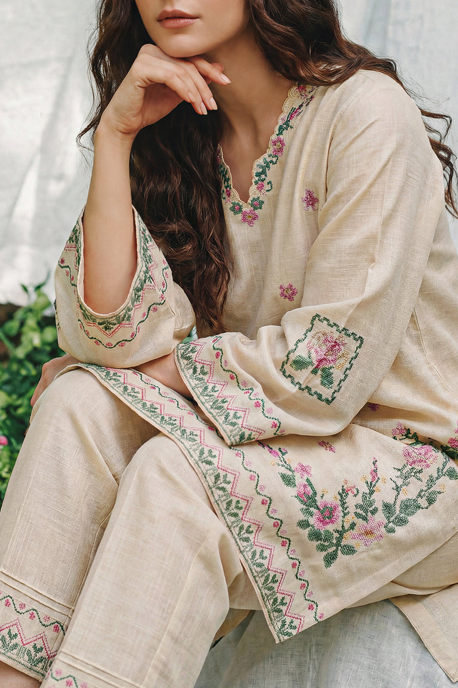 Solid Embroidered Cross Hatch Stitched 2 Piece (Shirt/Trouser) - Pehnaawaa