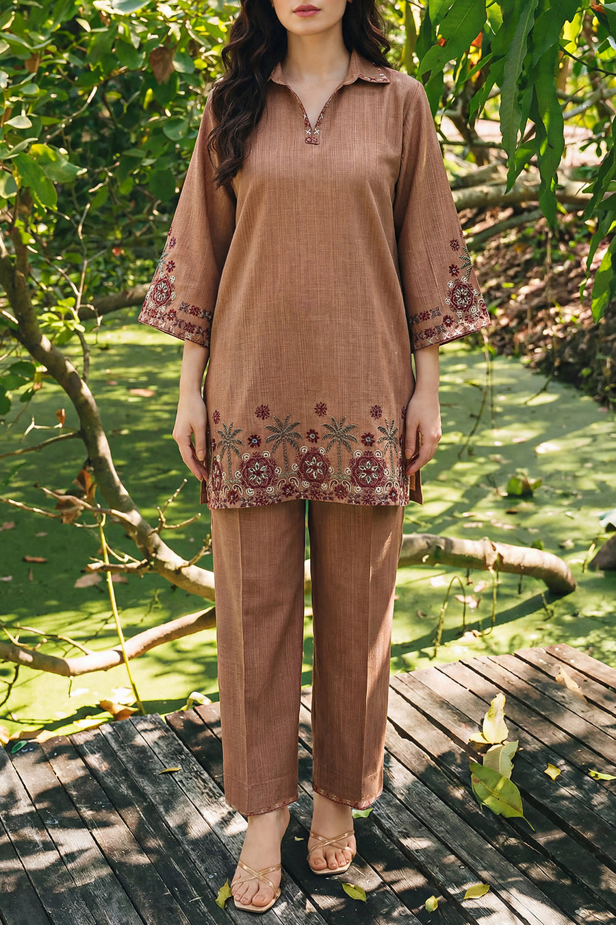 Solid Embroidered Cross Hatch Stitched 2 Piece (Shirt/Trouser) - Pehnaawaa