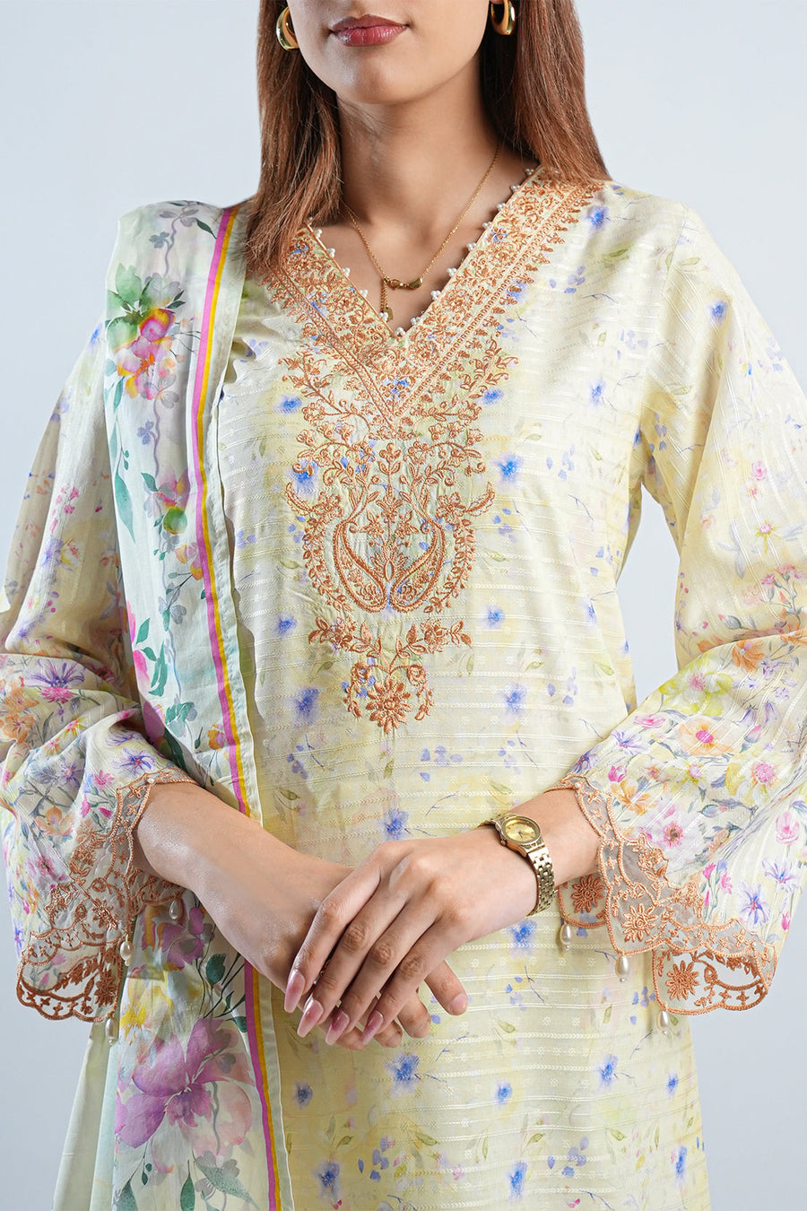 Printed Embroidered Cotton Jacquard Stitched 2 Piece (Shirt/Dupatta) - Pehnaawaa