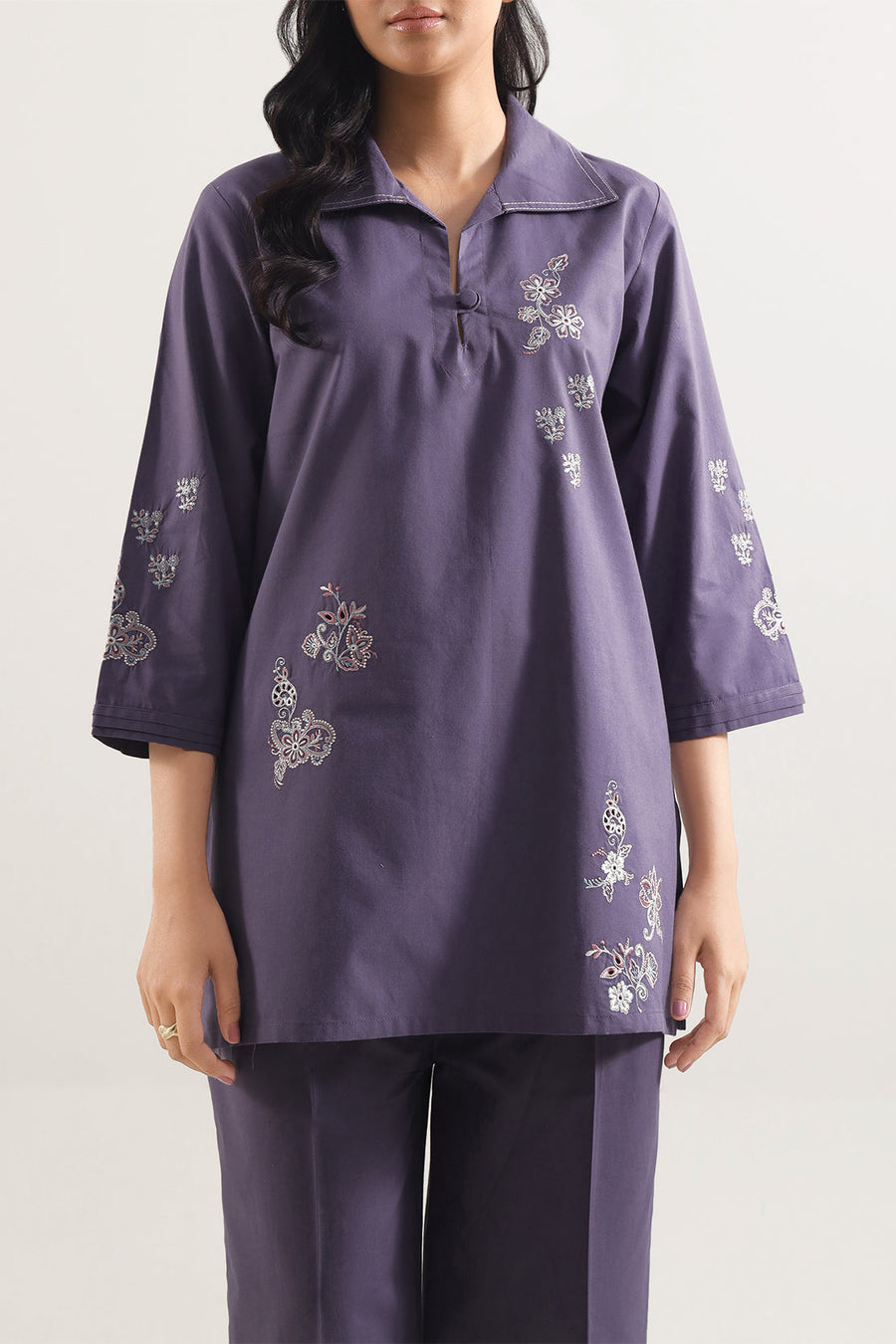Solid Embroidered Poplin Stitched 2 piece (Shirt/Trouser)