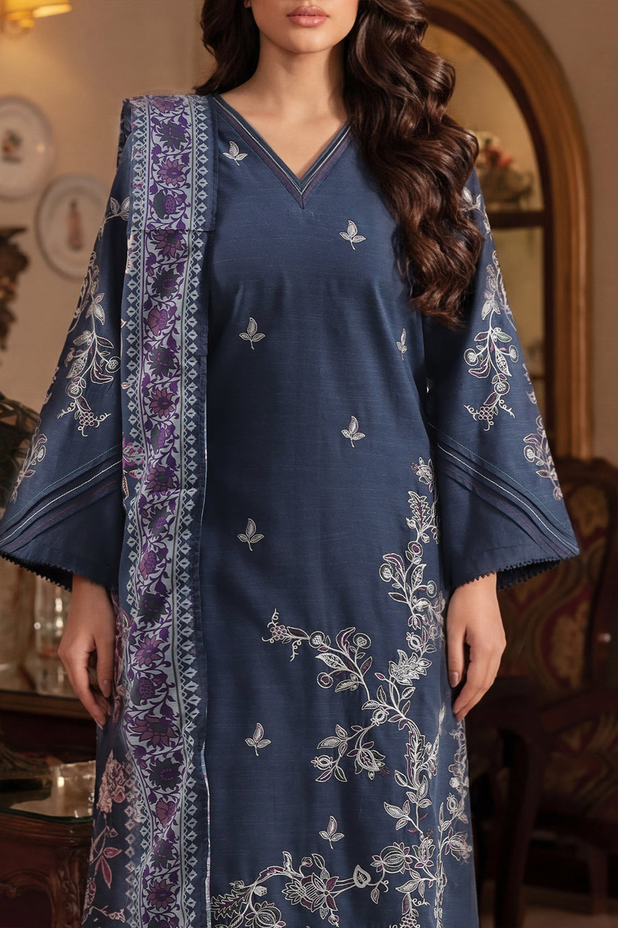 Solid Embroidered Khaddar Stitched 3 Piece
