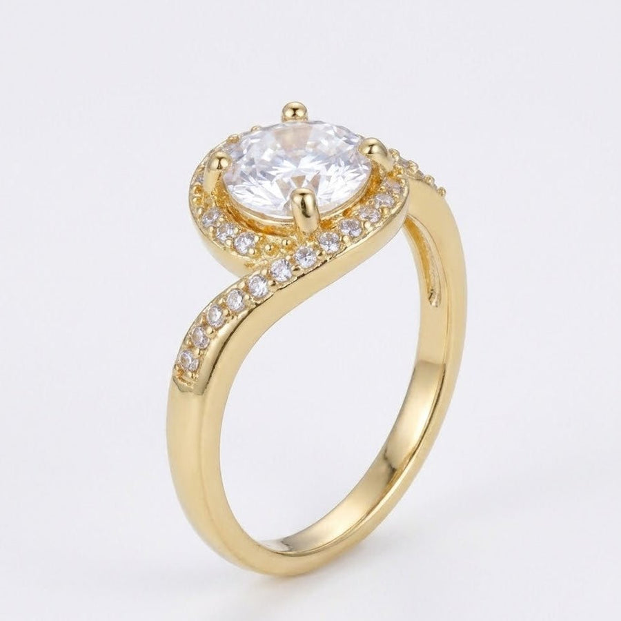 Side angled view of gold diamond ring showcasing the twisted band with embedded smaller diamonds