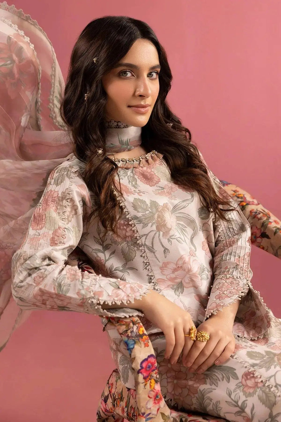 Blush Pink Floral Printed Lawn Suit with Chiffon Dupatta