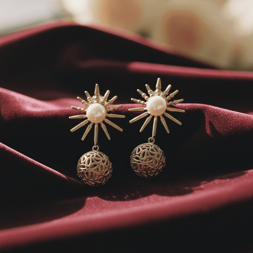 Pair of gold sunburst earrings with pearl center and filigree spherical drops on deep burgundy fabric