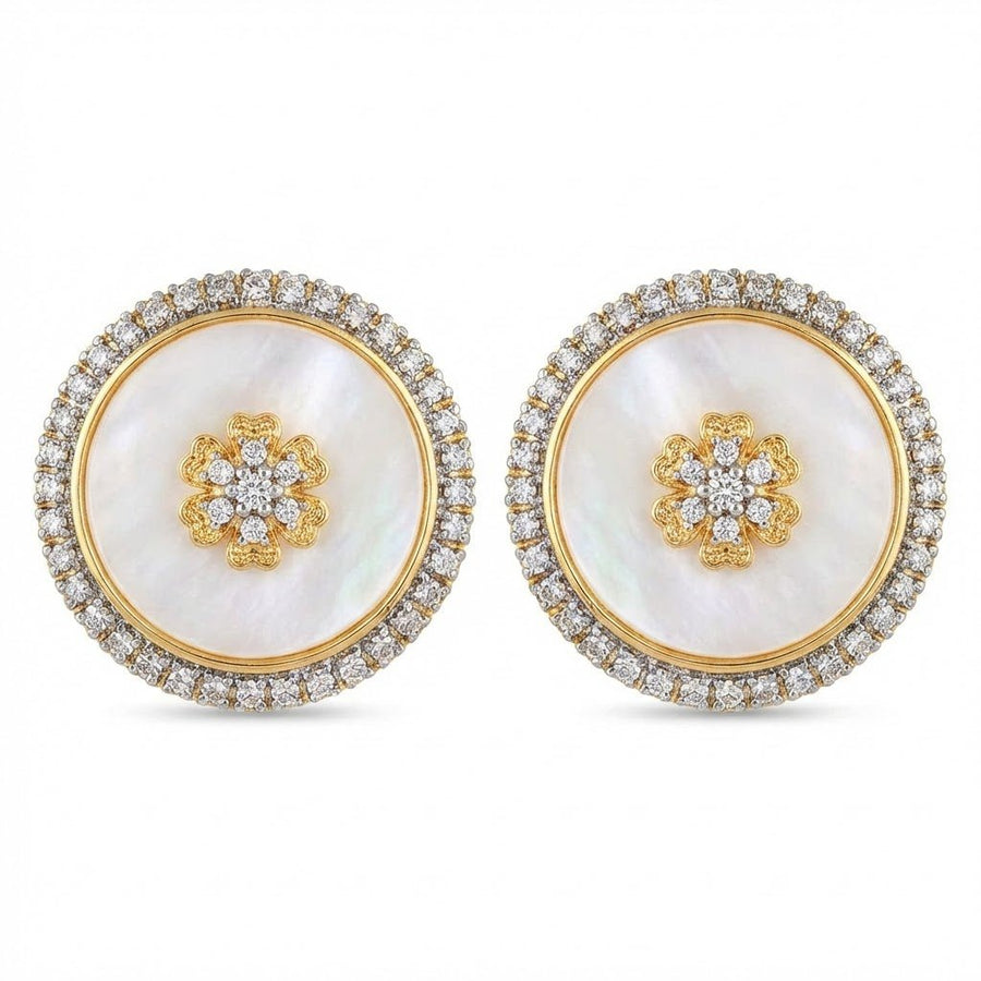 Pair of round stud earrings featuring white mother of pearl central stones with a flower motif surrounded by sparkling stones against a white background