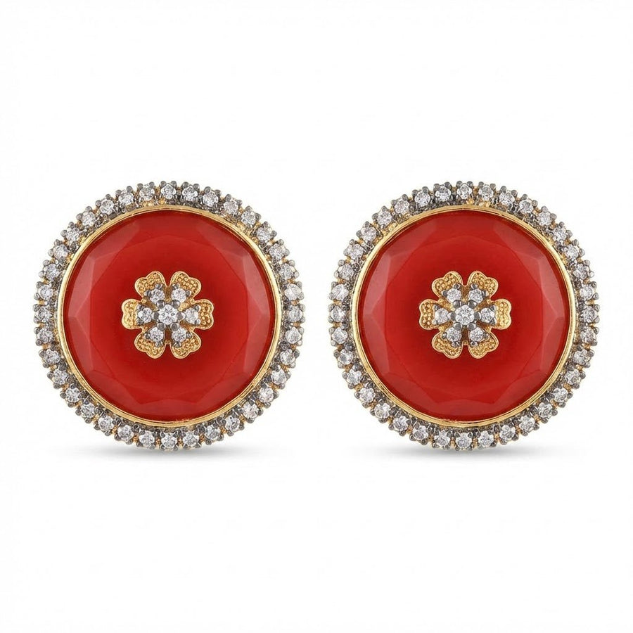 Classic red faceted stone round stud earrings with flower motif and sparkling stone halo displayed on white background