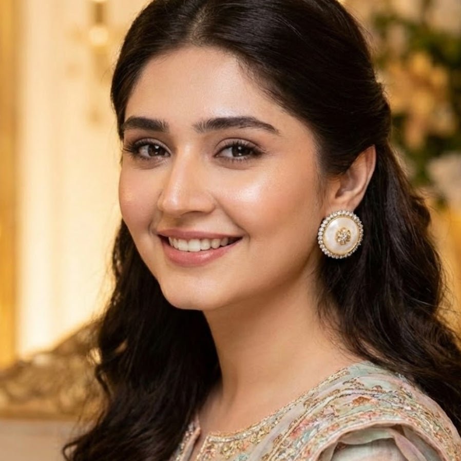 Model wearing white mother of pearl round stud earrings accentuated by sparkling stone halos, paired with pastel-colored embroidered outfit
