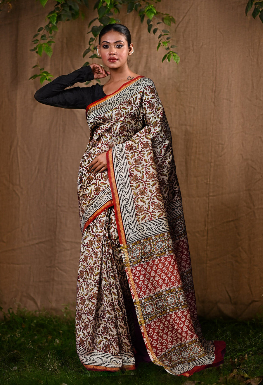 Cream Pure Bagru Kalamkari Printed Chanderi Sico Saree-UNM82646 - Pehnaawaa
