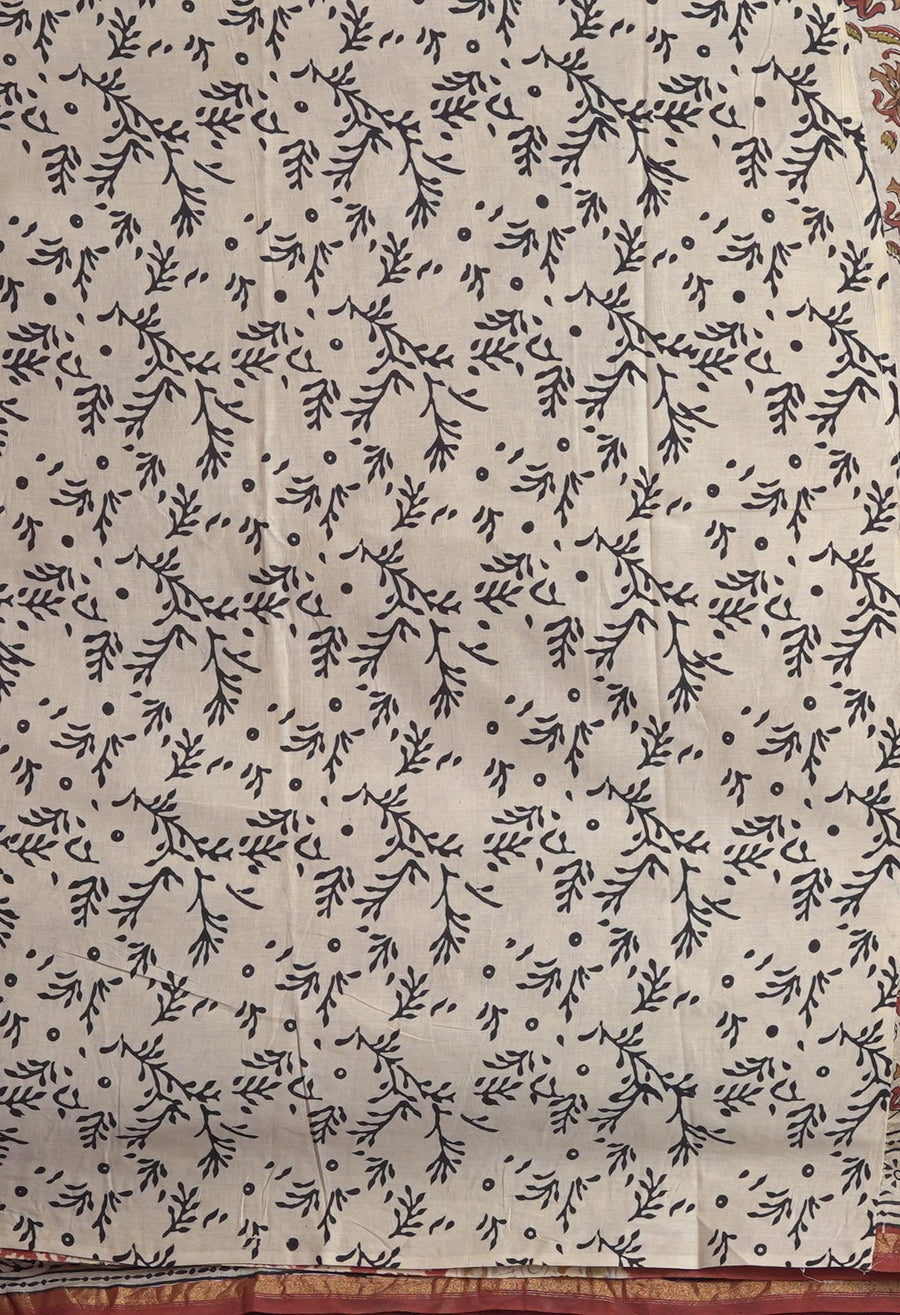 Cream Pure Bagru Kalamkari Printed Chanderi Sico Saree-UNM82646 - Pehnaawaa