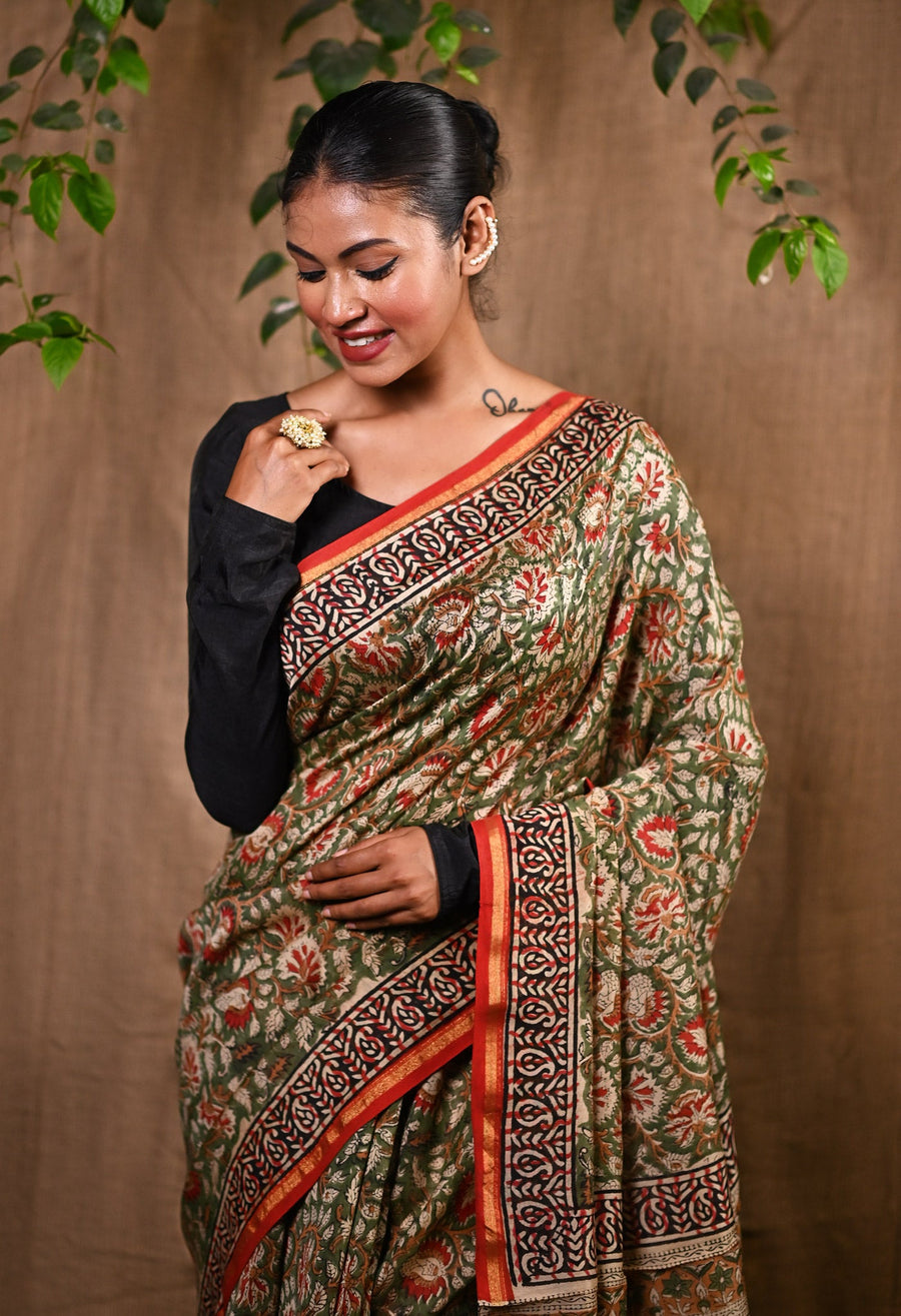 Green Pure Bagru Kalamkari Printed Chanderi Sico Saree-UNM76671 - Pehnaawaa