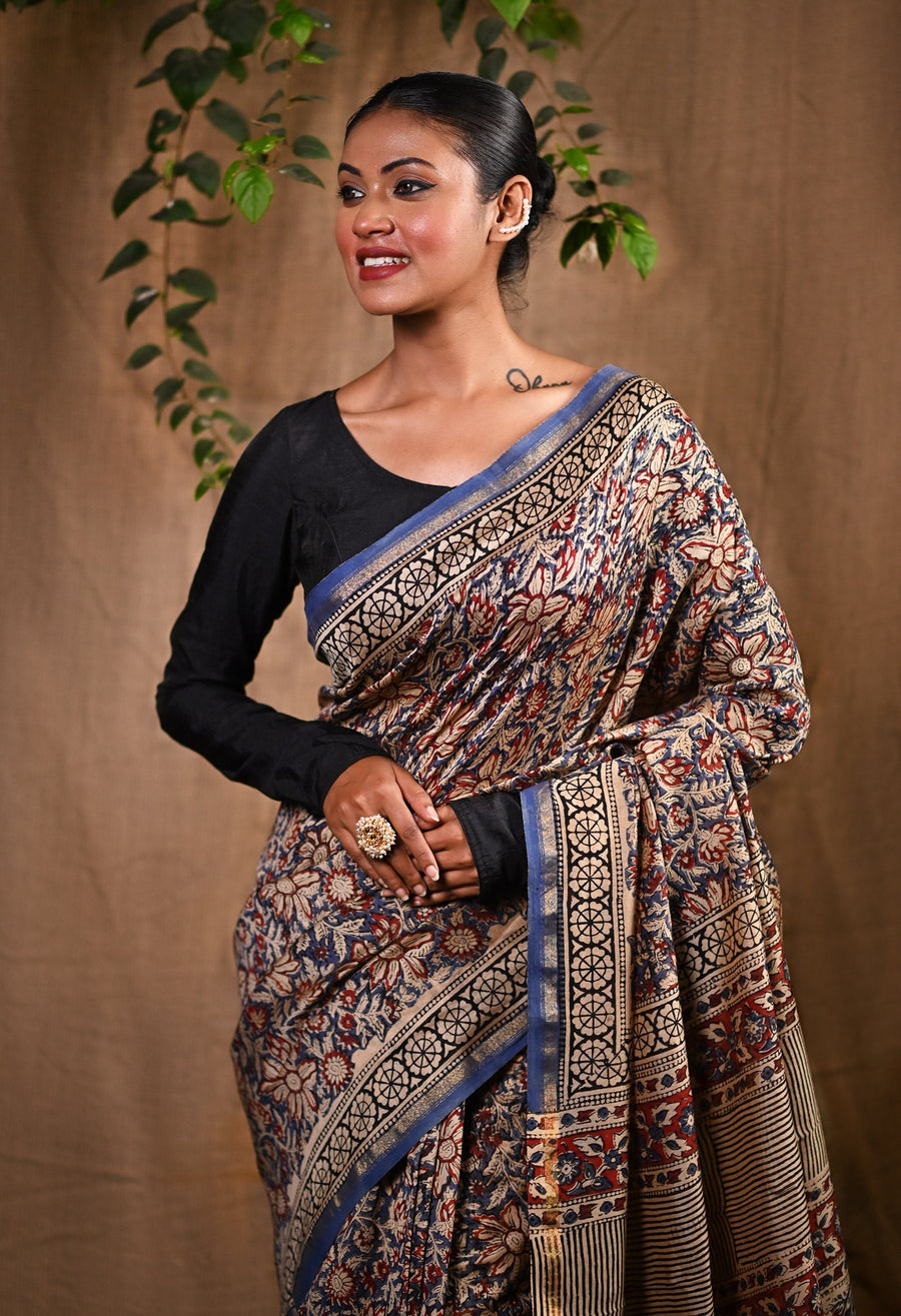 Blue Pure Bagru Kalamkari Printed Chanderi Sico Saree-UNM76676 - Pehnaawaa