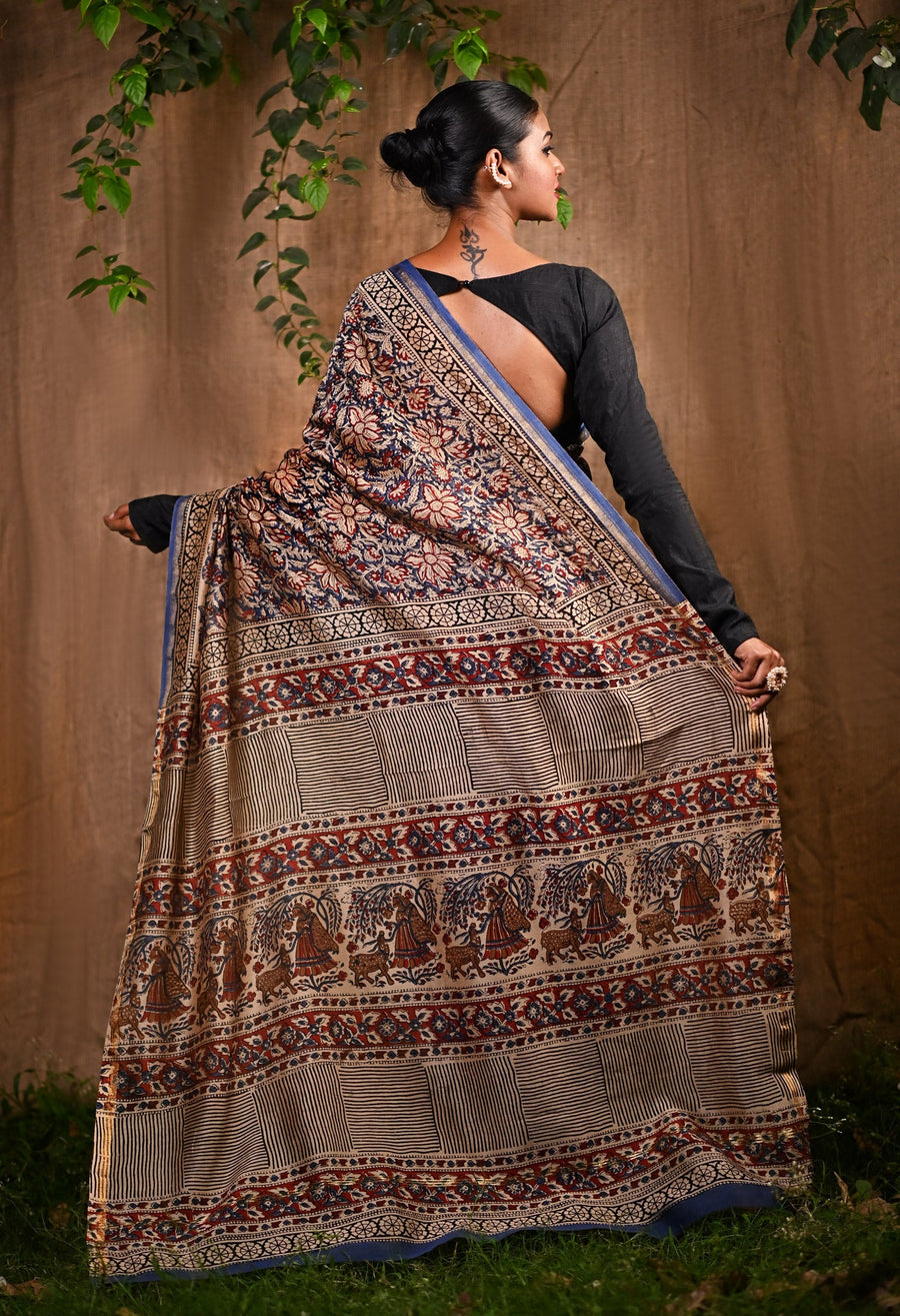 Blue Pure Bagru Kalamkari Printed Chanderi Sico Saree-UNM76676 - Pehnaawaa