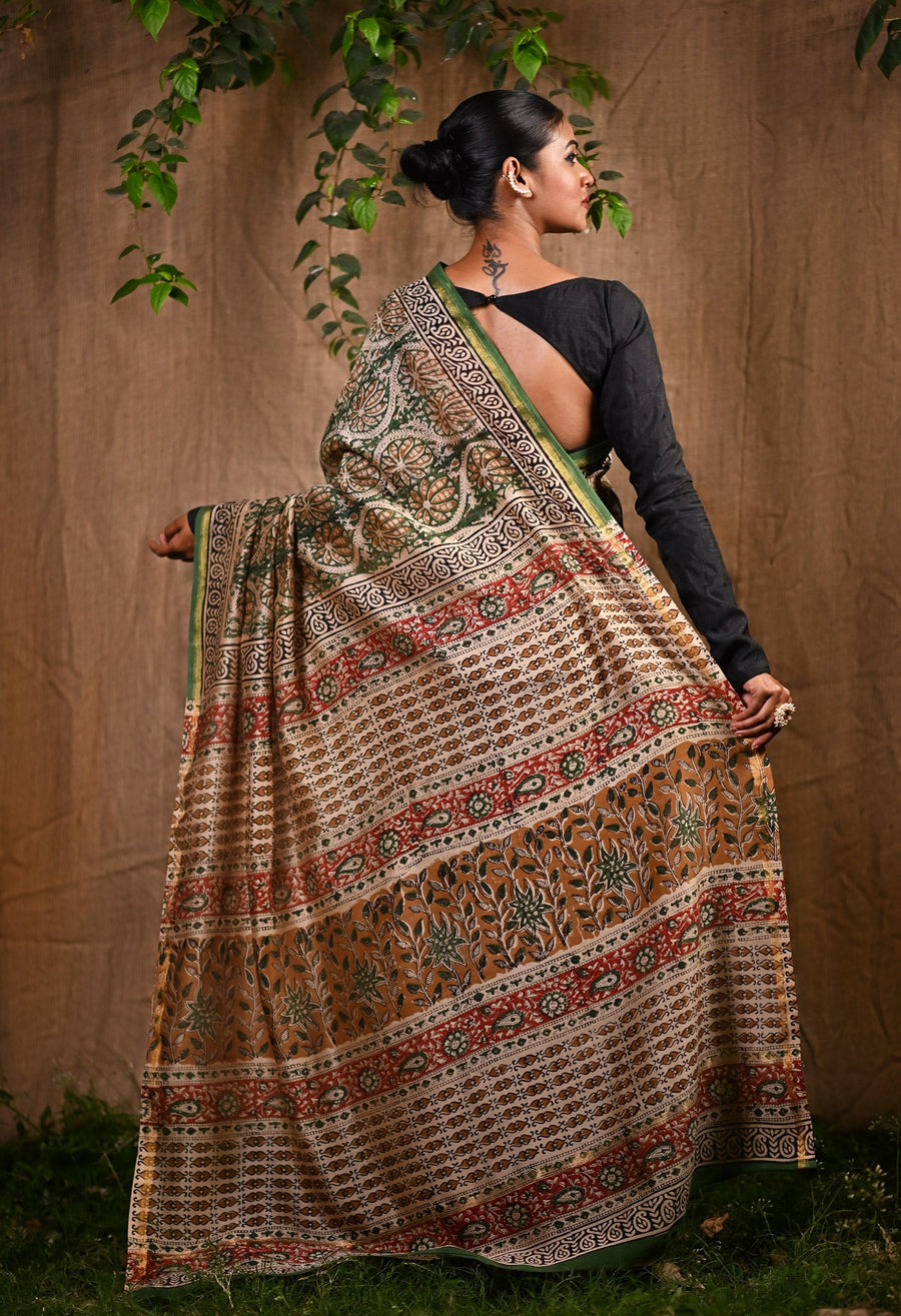 Green Pure Bagru Kalamkari Printed Chanderi Sico Saree-UNM77120 - Pehnaawaa