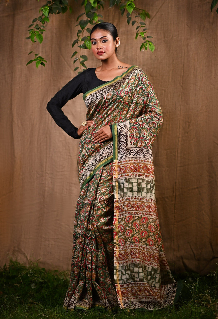 Green Pure Bagru Kalamkari Printed Chanderi Sico Saree-UNM77122 - Pehnaawaa