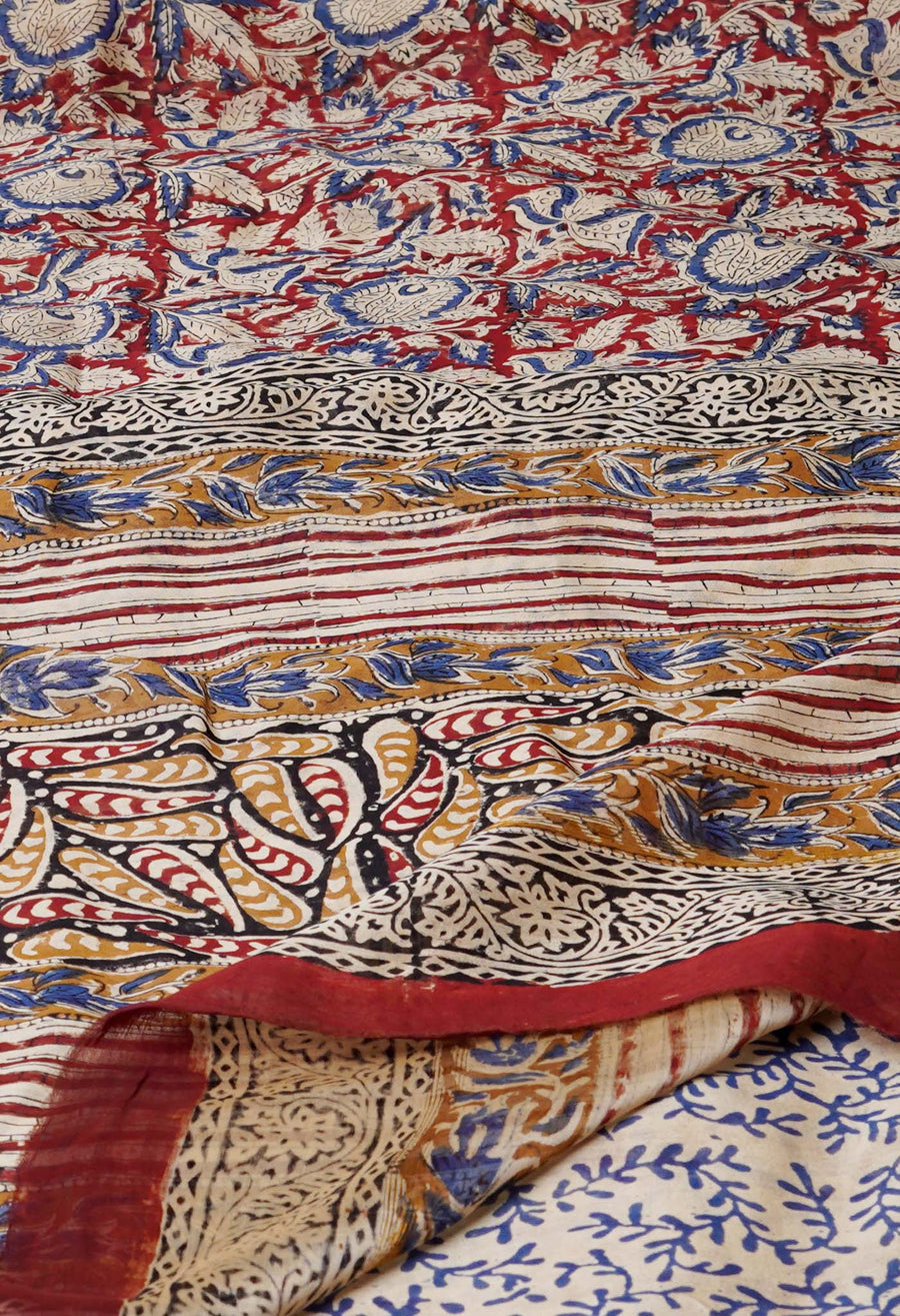 Red Pure Bagru Kalamkari Printed Chanderi Sico Saree-UNM77123 - Pehnaawaa