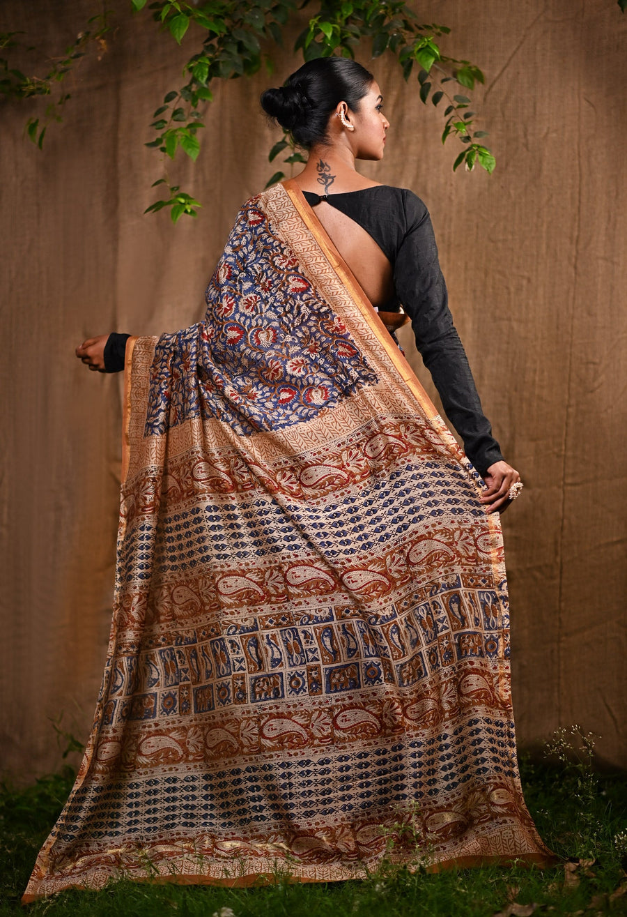 Blue Pure Bagru Kalamkari Printed Chanderi Sico Saree-UNM77124 - Pehnaawaa