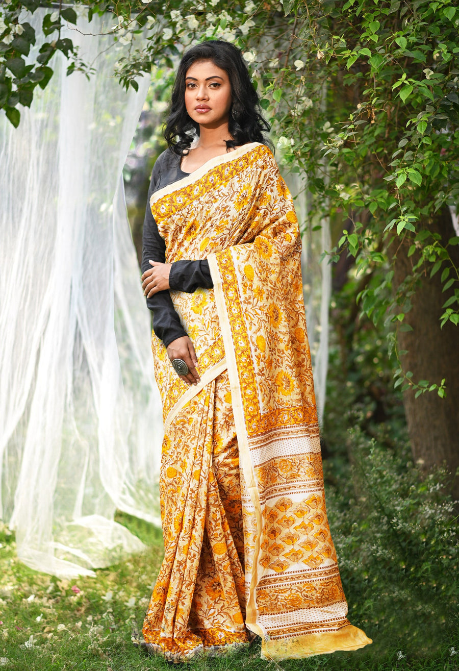 Cream Pure Hand Block Printed Chanderi Sico Saree-UNM77944 - Pehnaawaa
