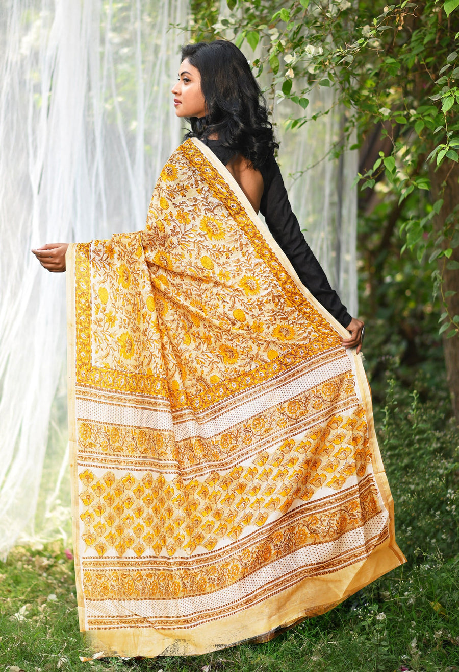 Cream Pure Hand Block Printed Chanderi Sico Saree-UNM77944 - Pehnaawaa