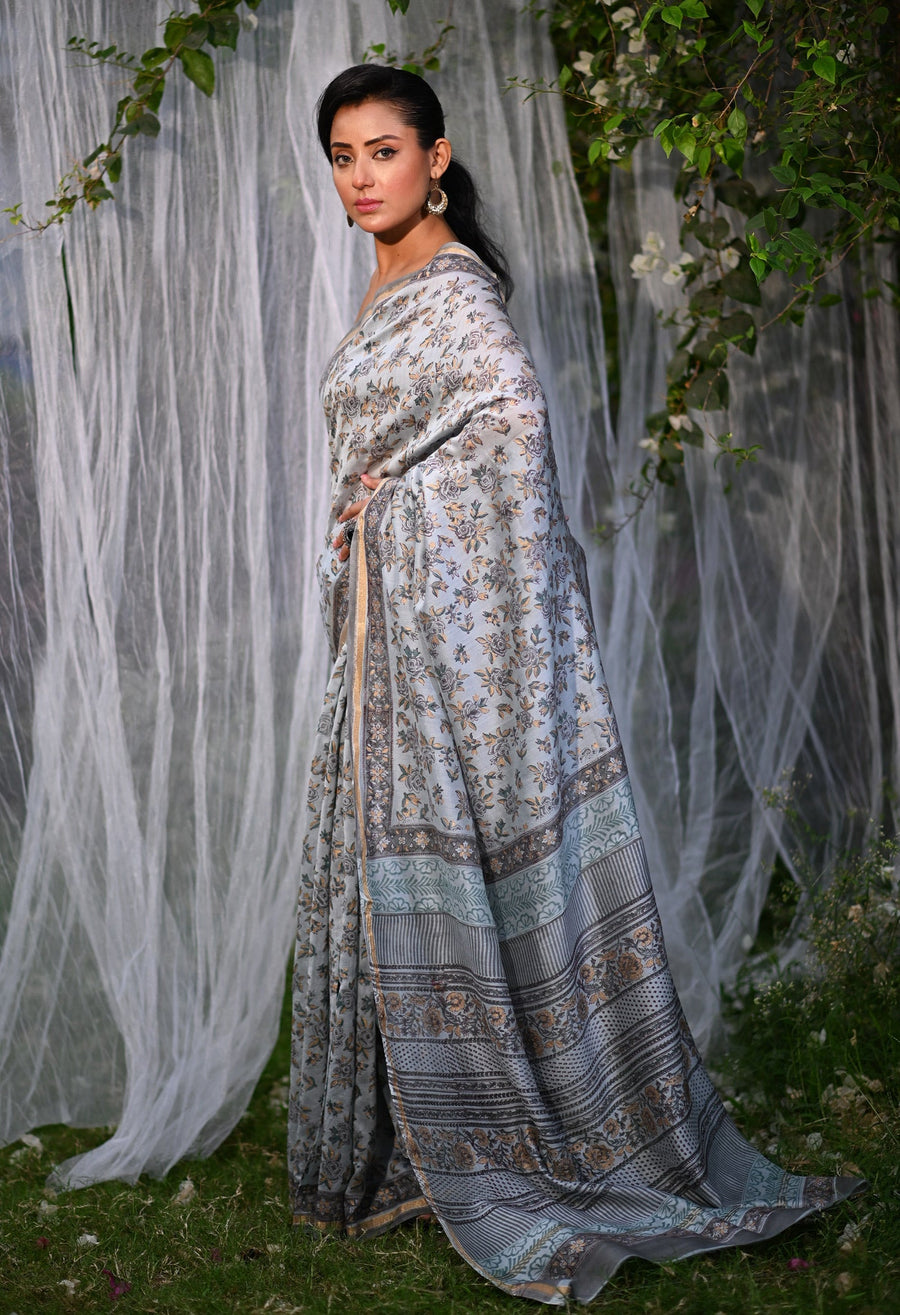 Grey Pure Hand Block Printed Chanderi Sico Saree-UNM79360 - Pehnaawaa