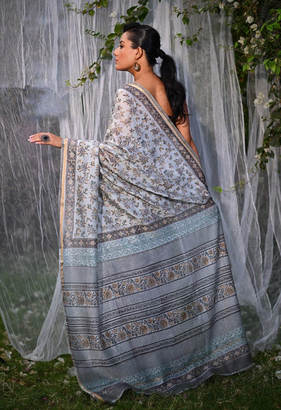 Grey Pure Hand Block Printed Chanderi Sico Saree-UNM79360 - Pehnaawaa