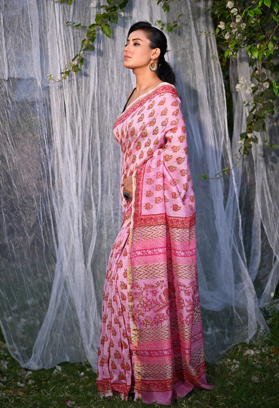 Pink Pure Hand Block Printed Chanderi Sico Saree-UNM79373 - Pehnaawaa