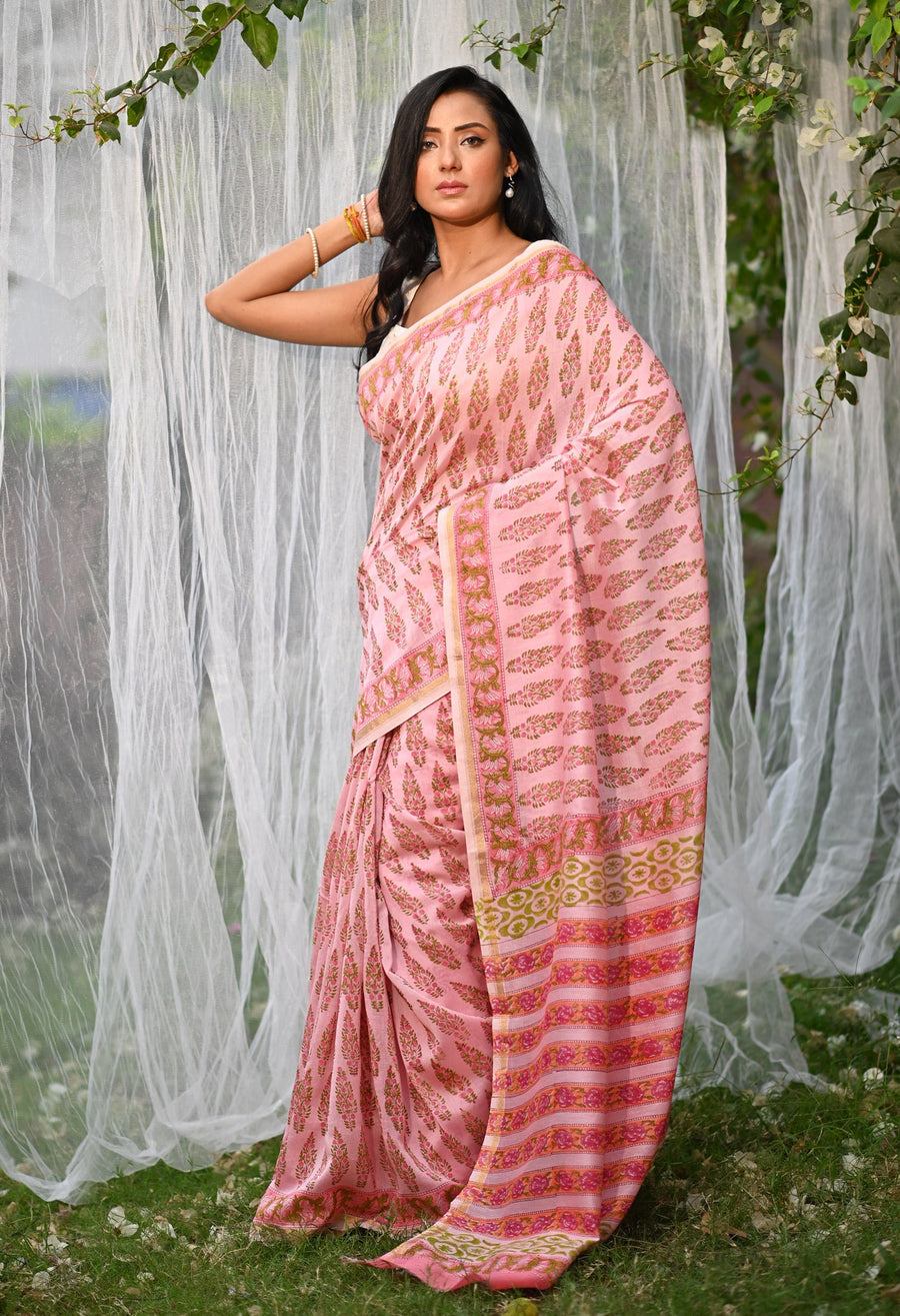 Pink Pure Hand Block Printed Chanderi Sico Saree-UNM79375 - Pehnaawaa
