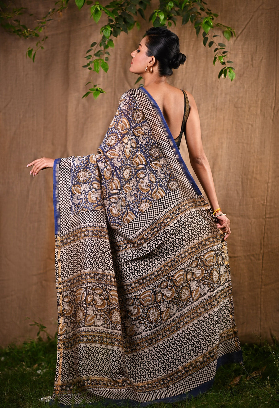 Blue Pure Bagru Kalamkari Printed Chanderi Sico Saree-UNM79911 - Pehnaawaa
