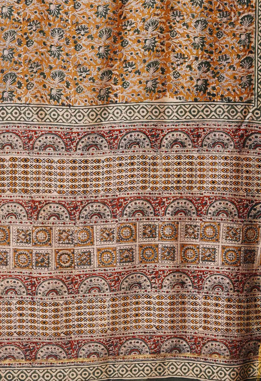 Brown Pure Bagru Kalamkari Printed Chanderi Sico Saree-UNM79918 - Pehnaawaa