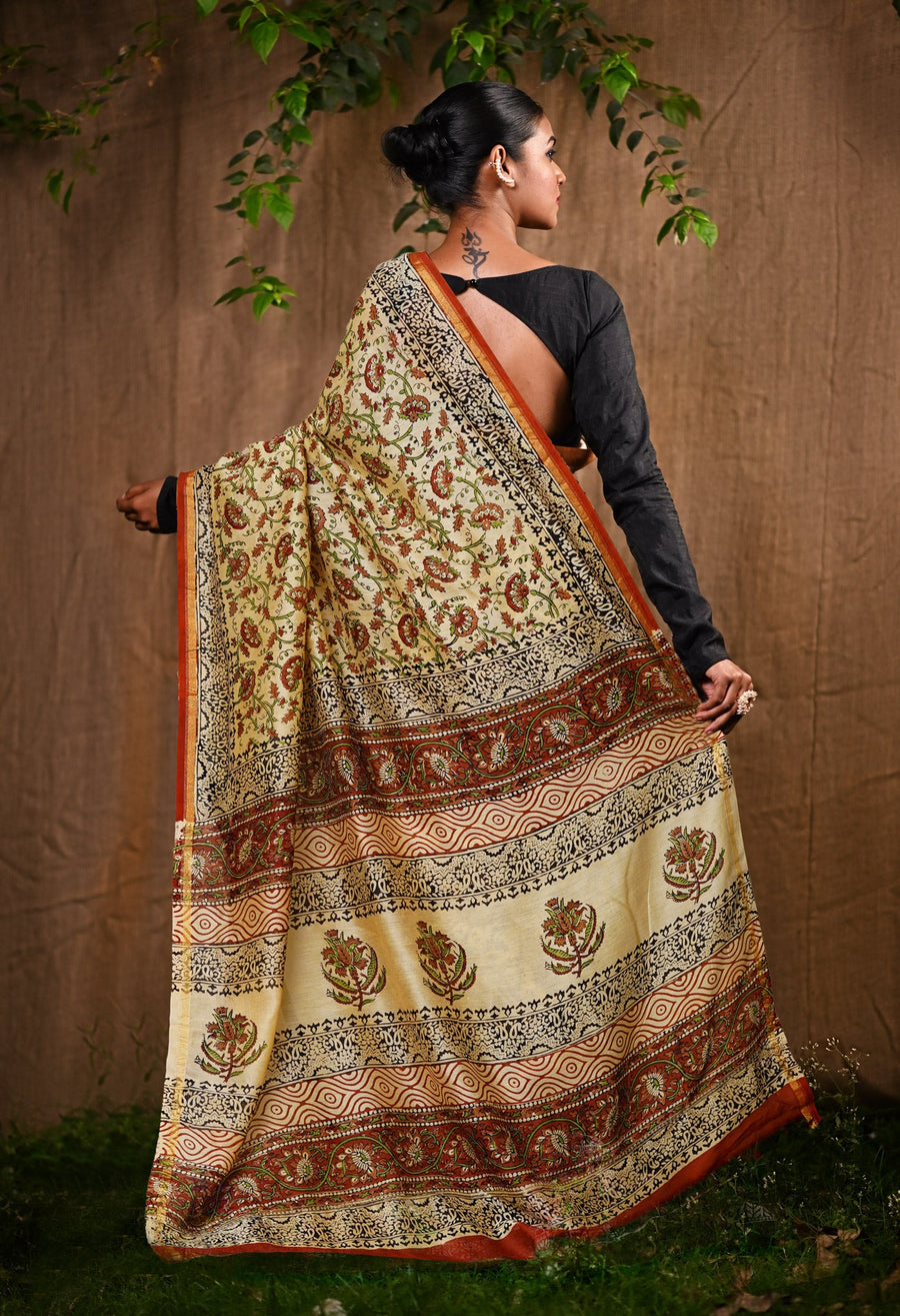 Cream Pure Bagru Kalamkari Printed Chanderi Sico Saree-UNM80243 - Pehnaawaa