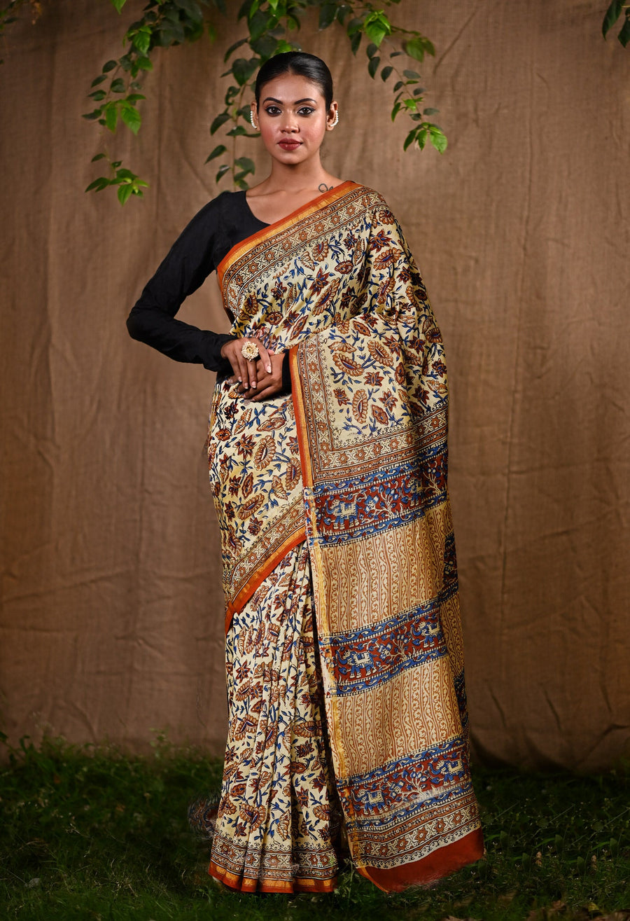 Cream Pure Bagru Kalamkari Printed Chanderi Sico Saree-UNM80249 - Pehnaawaa