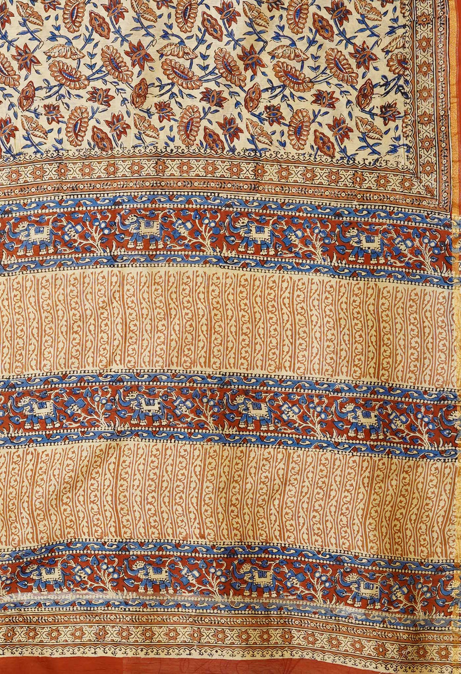 Cream Pure Bagru Kalamkari Printed Chanderi Sico Saree-UNM80249 - Pehnaawaa
