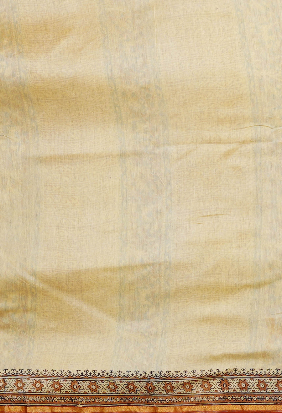 Cream Pure Bagru Kalamkari Printed Chanderi Sico Saree-UNM80249 - Pehnaawaa