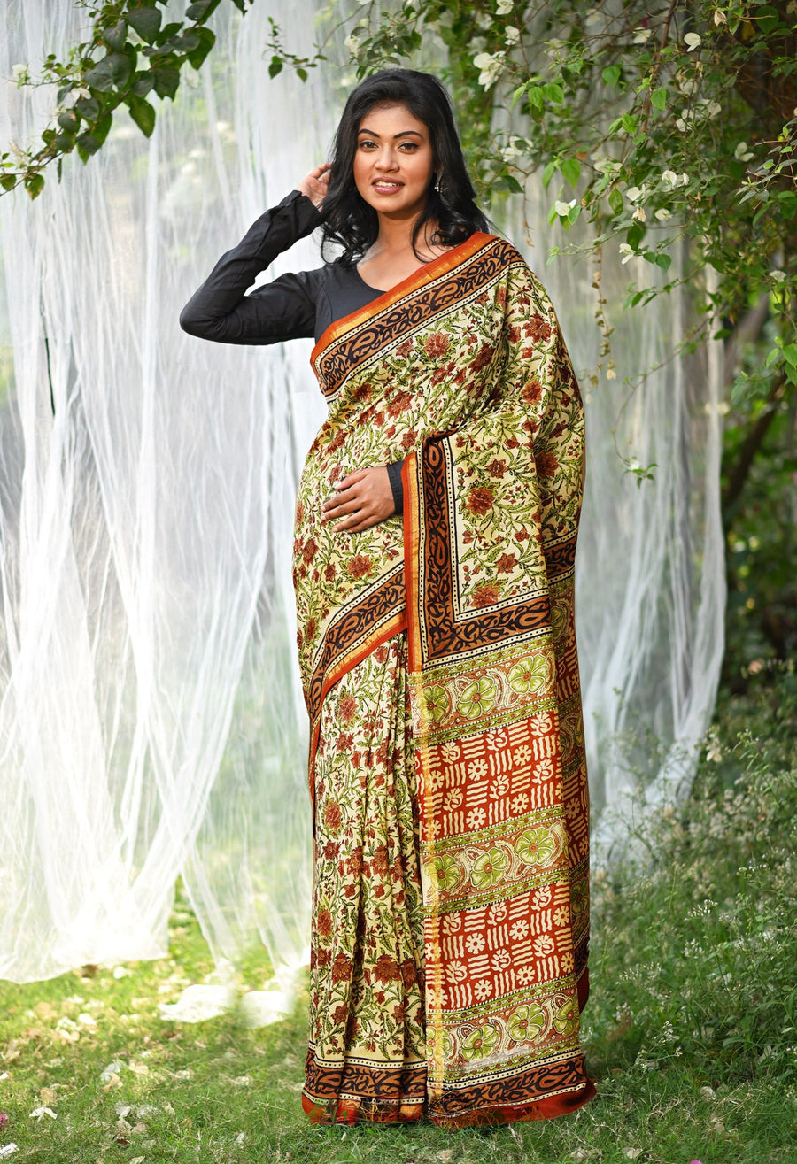 Cream Pure Bagru Kalamkari Printed Chanderi Sico Saree-UNM80250 - Pehnaawaa