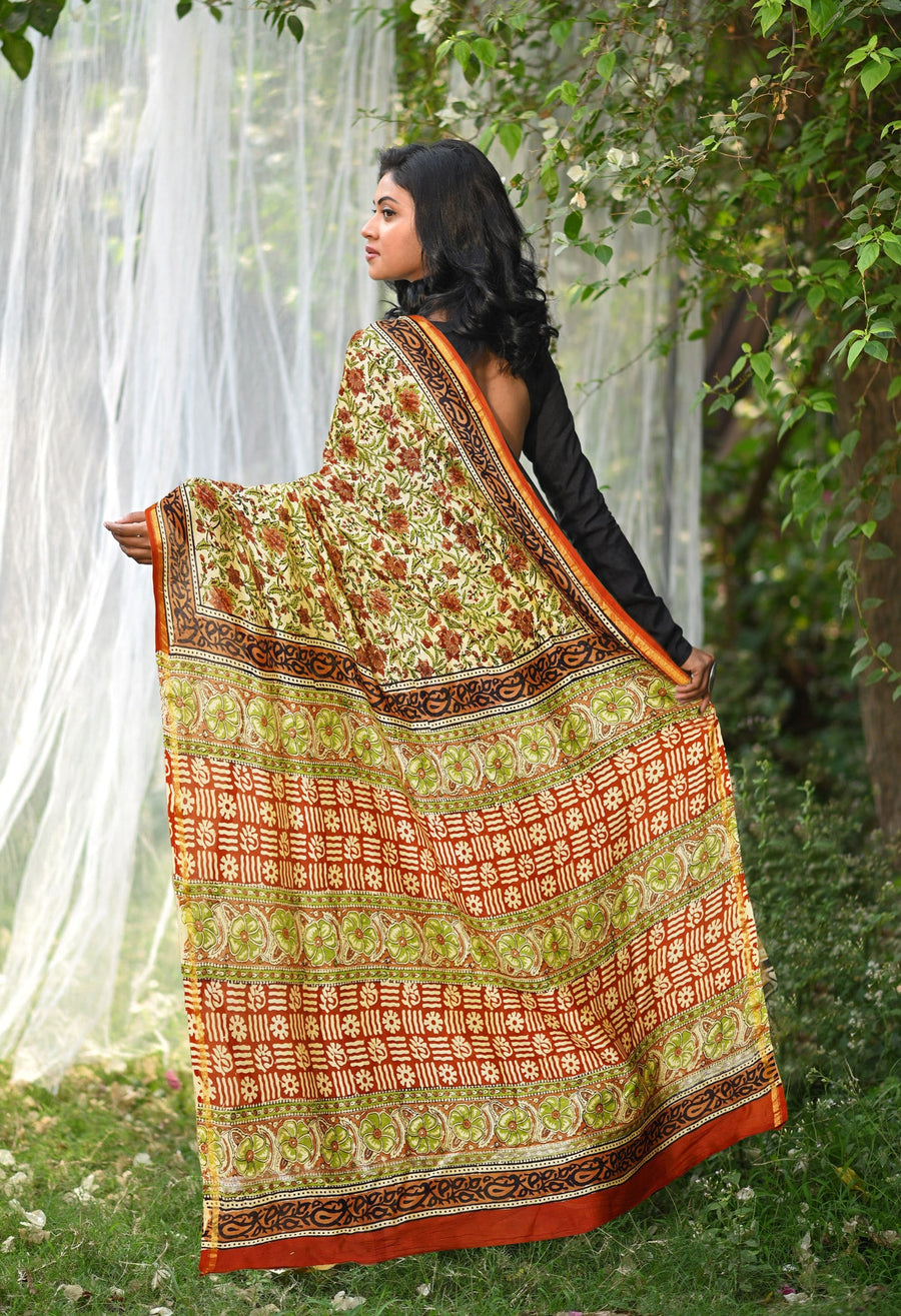 Cream Pure Bagru Kalamkari Printed Chanderi Sico Saree-UNM80250 - Pehnaawaa