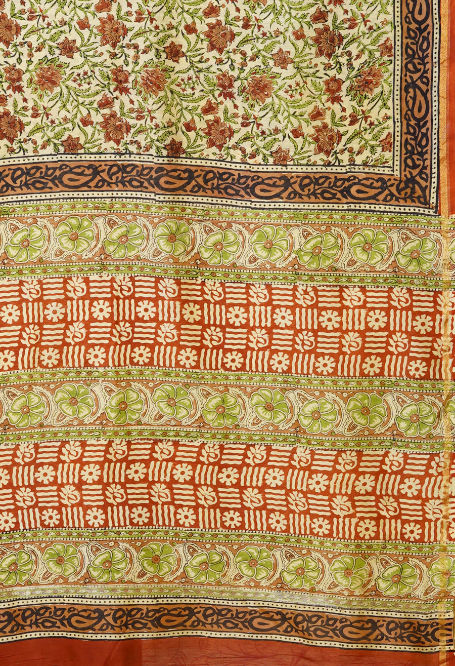 Cream Pure Bagru Kalamkari Printed Chanderi Sico Saree-UNM80250 - Pehnaawaa