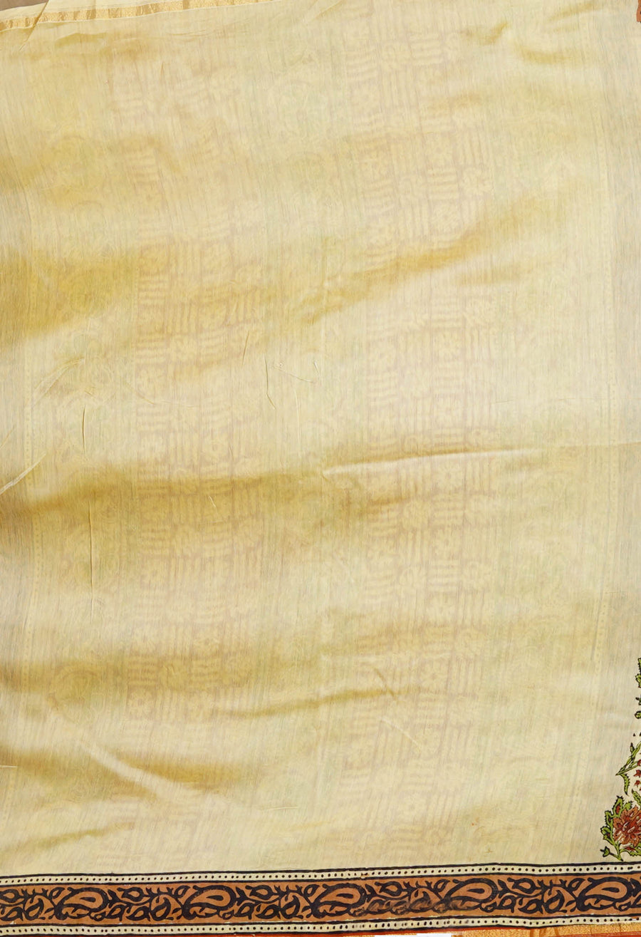 Cream Pure Bagru Kalamkari Printed Chanderi Sico Saree-UNM80250 - Pehnaawaa