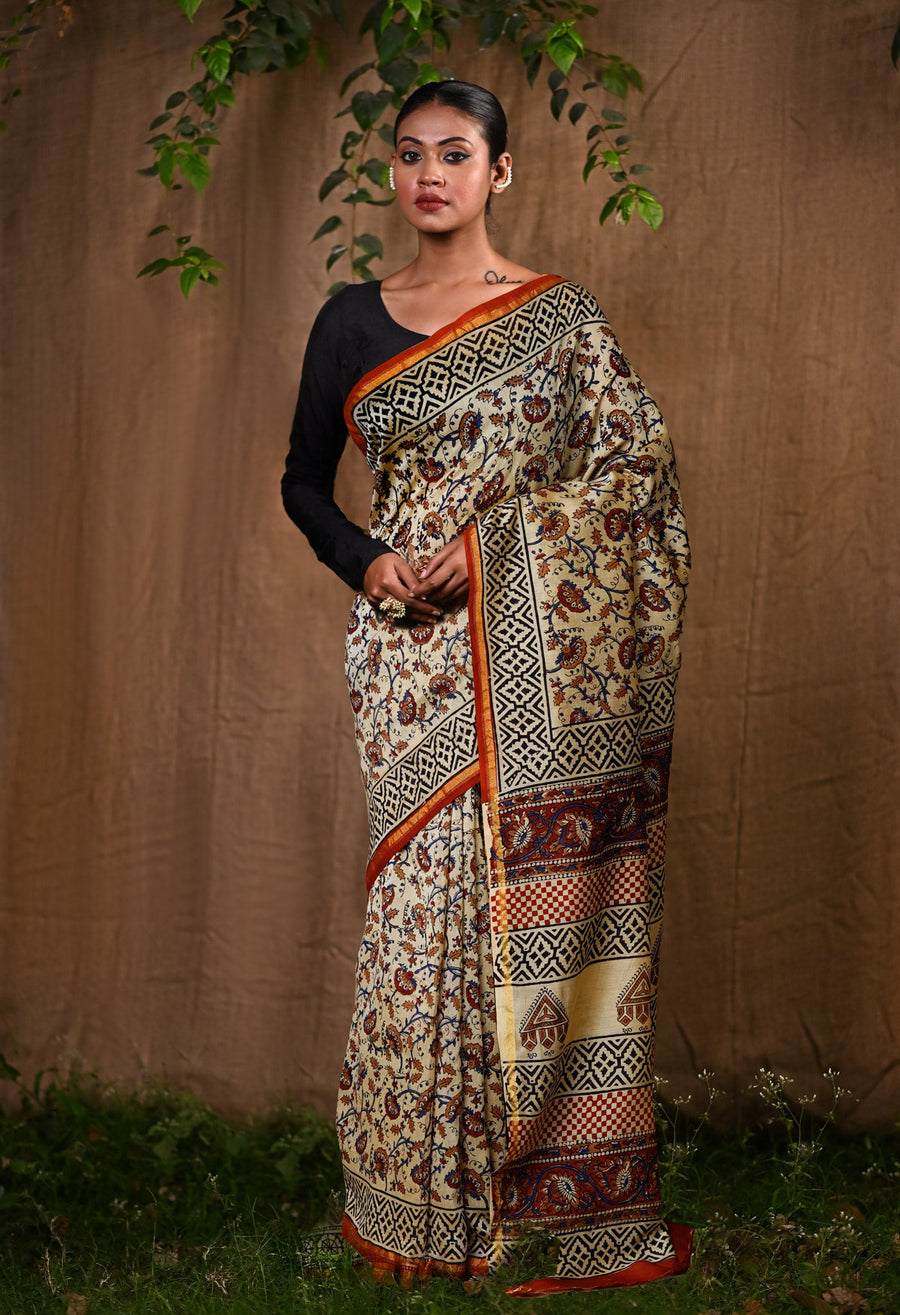 Cream Pure Bagru Kalamkari Printed Chanderi Sico Saree-UNM80254 - Pehnaawaa