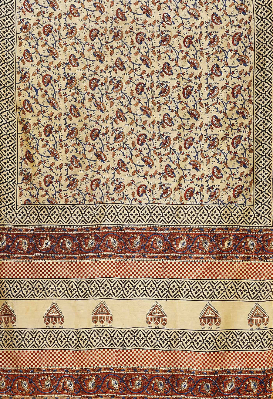 Cream Pure Bagru Kalamkari Printed Chanderi Sico Saree-UNM80254 - Pehnaawaa