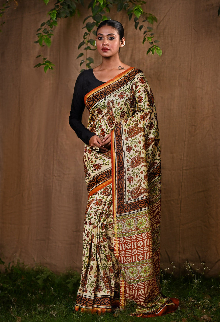 Cream Pure Bagru Kalamkari Printed Chanderi Sico Saree-UNM80255 - Pehnaawaa