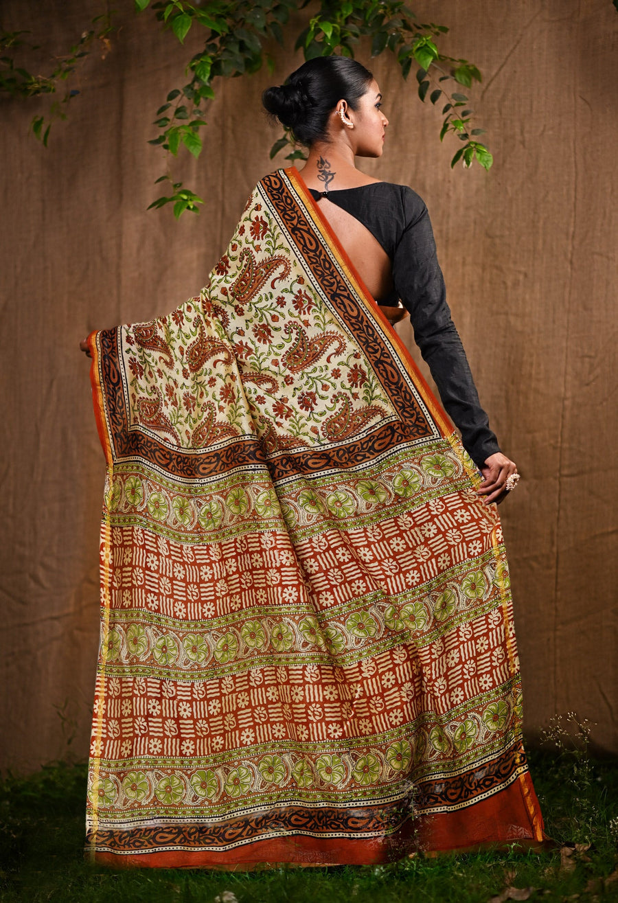 Cream Pure Bagru Kalamkari Printed Chanderi Sico Saree-UNM80255 - Pehnaawaa
