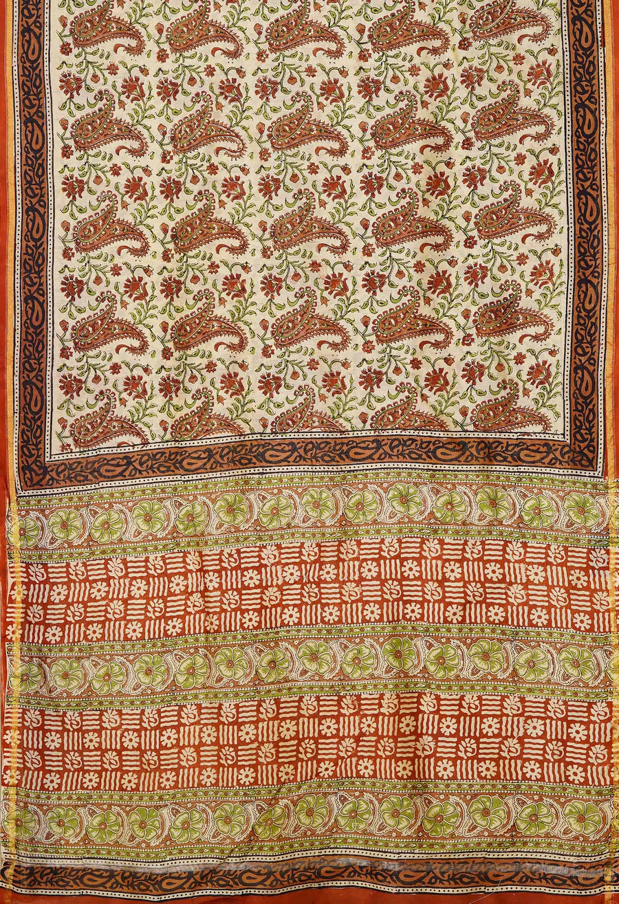 Cream Pure Bagru Kalamkari Printed Chanderi Sico Saree-UNM80255 - Pehnaawaa
