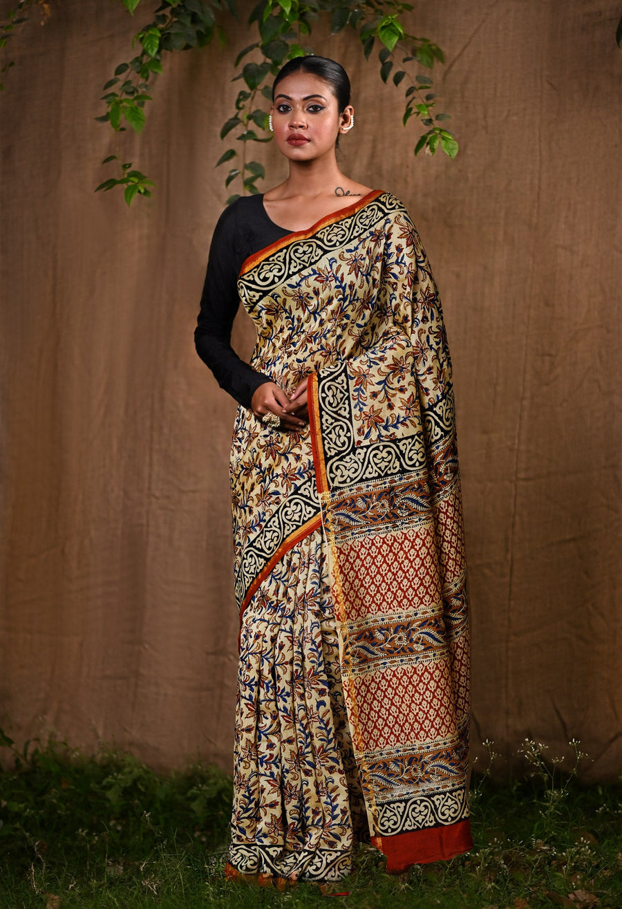 Cream Pure Bagru Kalamkari Printed Chanderi Sico Saree-UNM80256 - Pehnaawaa